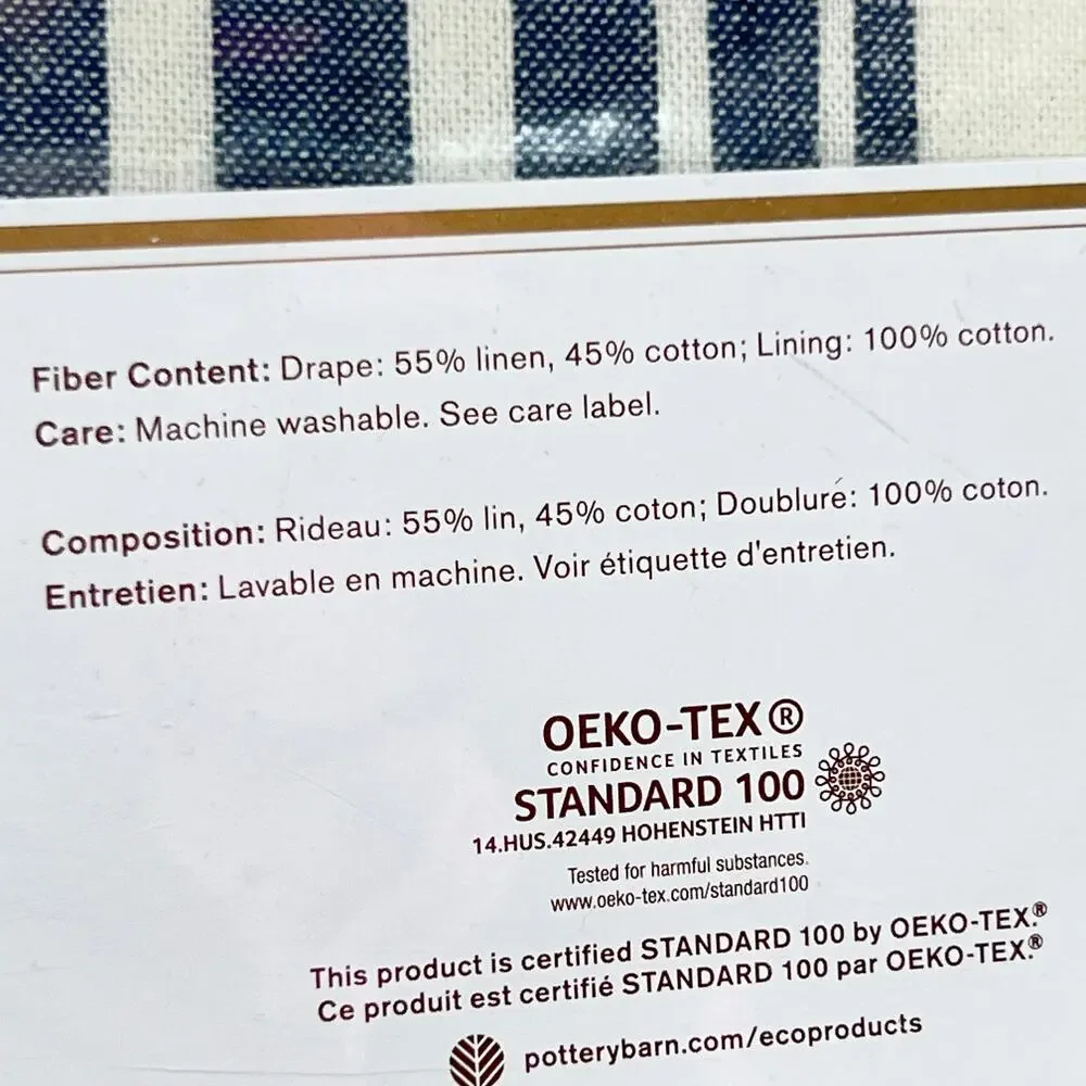 Pottery Barn Riviera Stripe Drape Navy Blue Panel 50x96 Curtain Linen Blend New